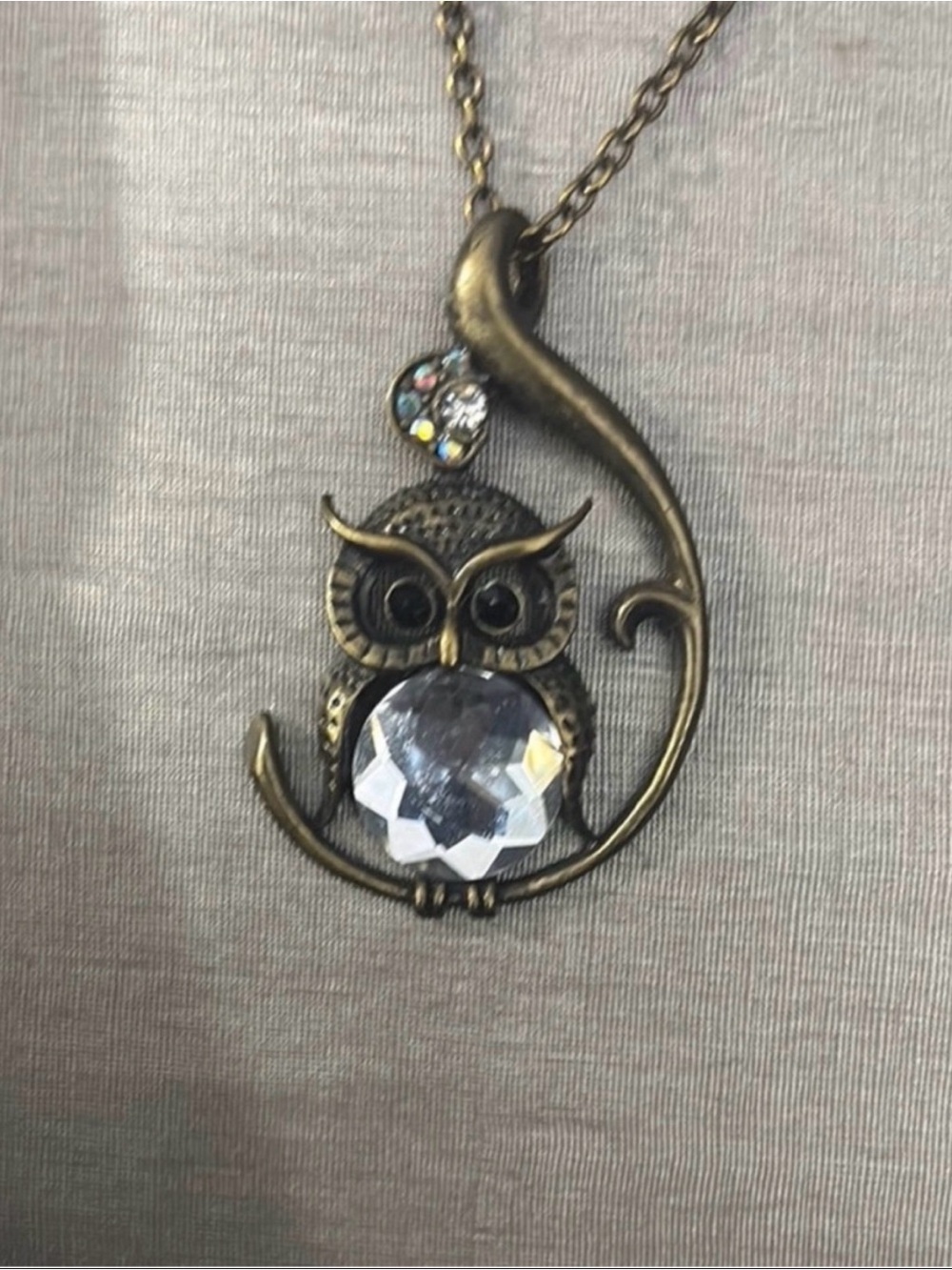 Antique Brass Owl Pendant Necklace with Clear Crystal
